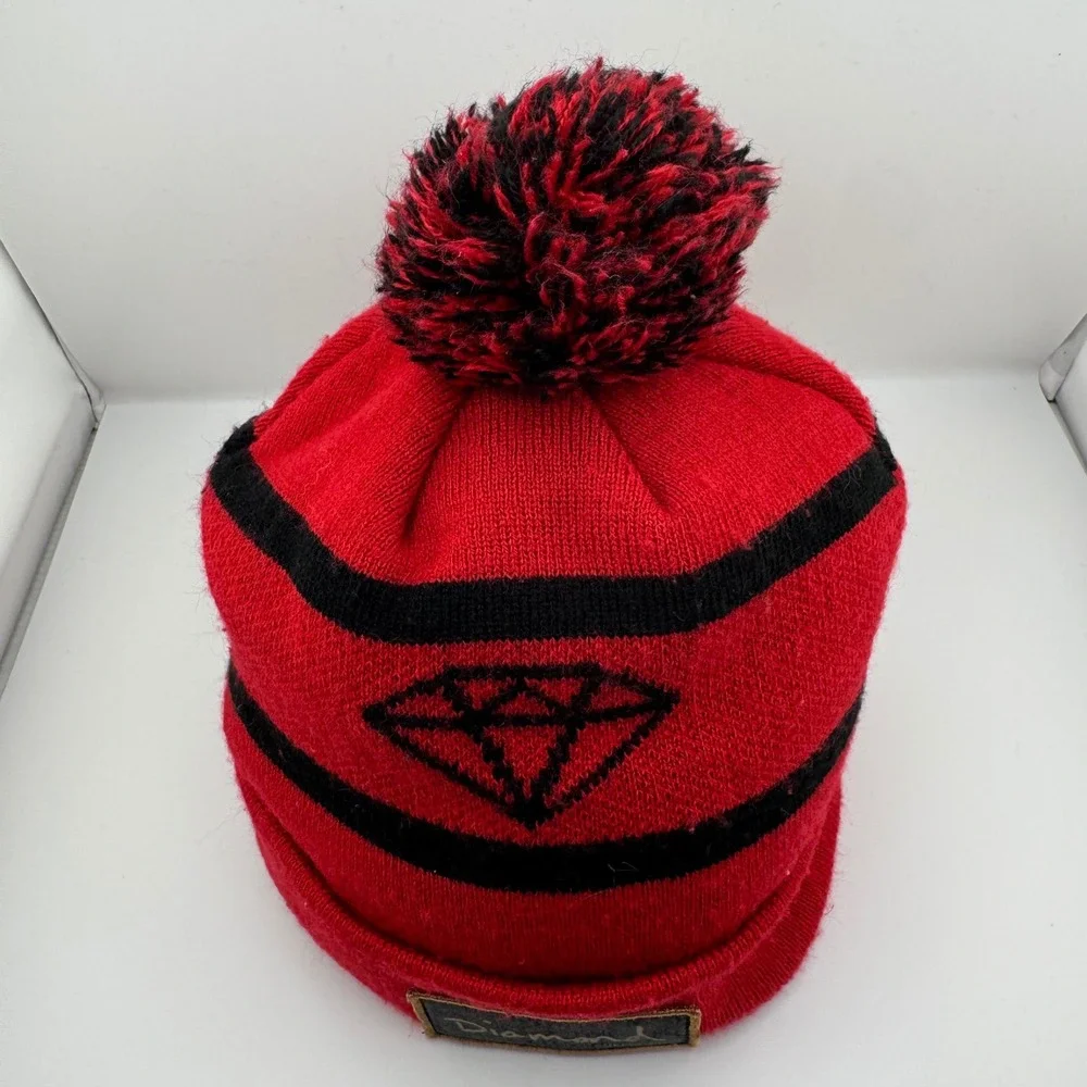 Diamond Supply Co Beanie OS Red Black Good Striped Pom Pom Cuffed Knit Hat